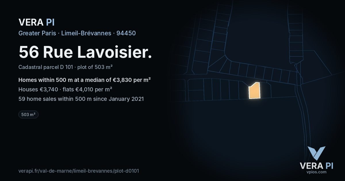 56 Rue Lavoisier, Limeil-Brévannes at night – the plot lit, the parcels around coloured by the prices near them