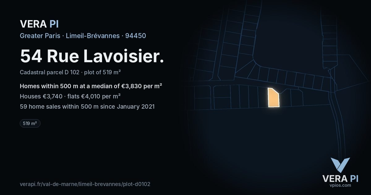54 Rue Lavoisier, Limeil-Brévannes at night – the plot lit, the parcels around coloured by the prices near them