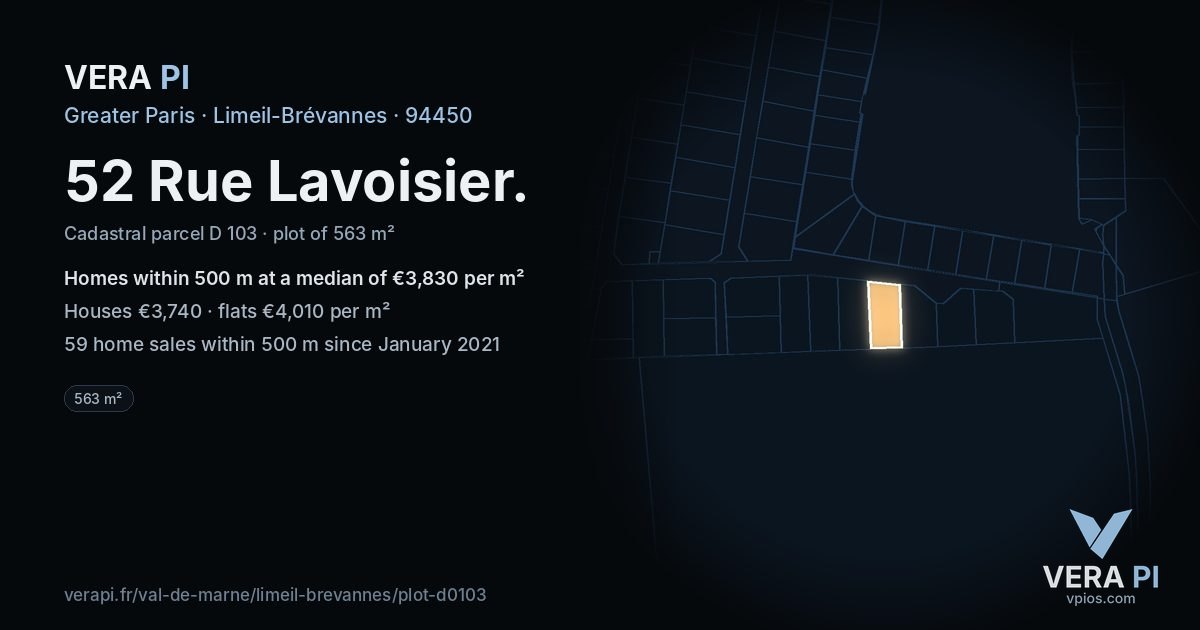 52 Rue Lavoisier, Limeil-Brévannes at night – the plot lit, the parcels around coloured by the prices near them