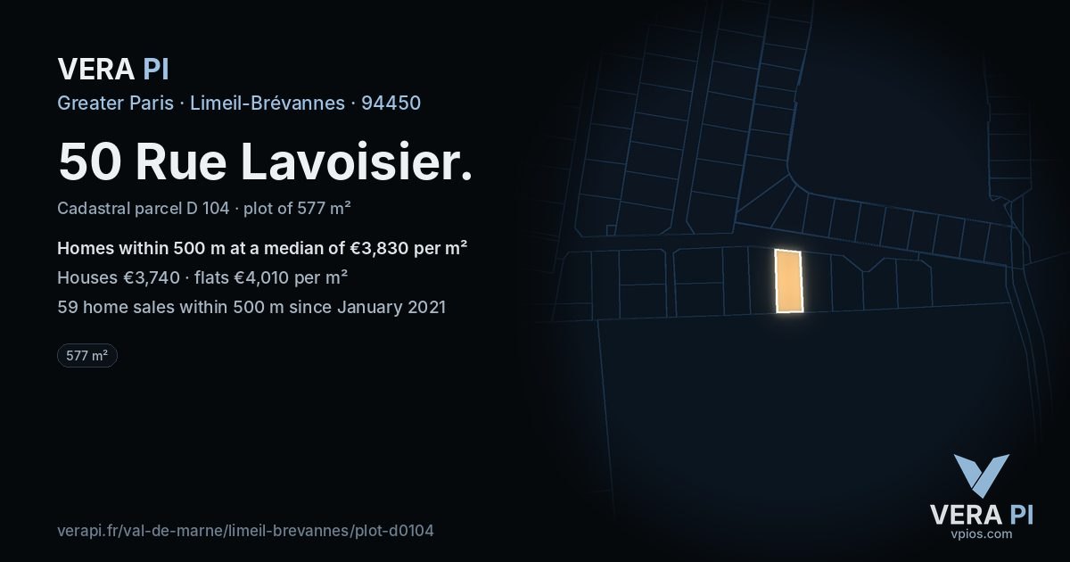 50 Rue Lavoisier, Limeil-Brévannes at night – the plot lit, the parcels around coloured by the prices near them