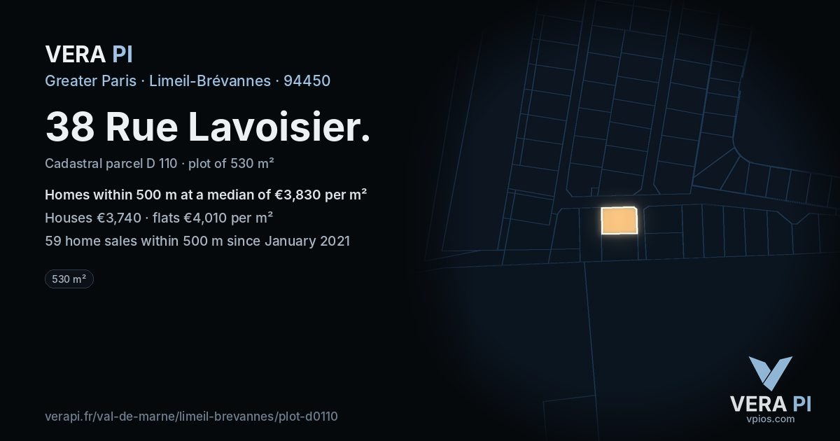 38 Rue Lavoisier, Limeil-Brévannes at night – the plot lit, the parcels around coloured by the prices near them