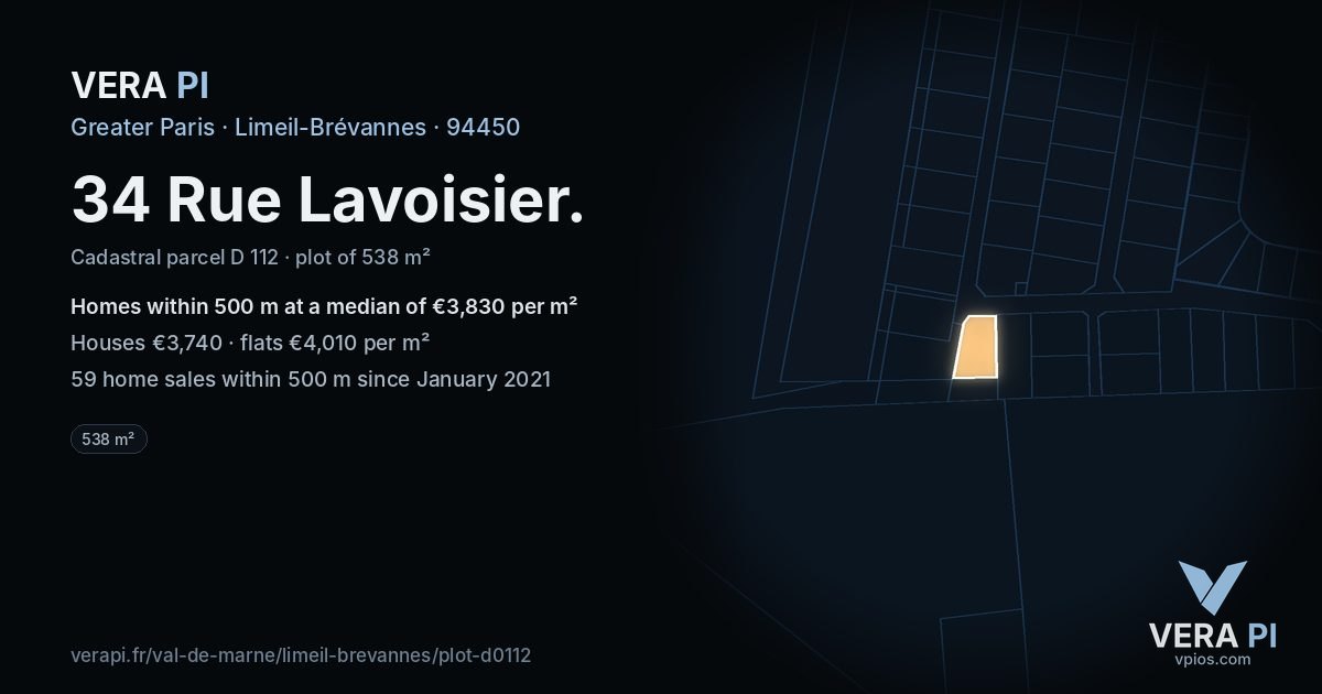 34 Rue Lavoisier, Limeil-Brévannes at night – the plot lit, the parcels around coloured by the prices near them