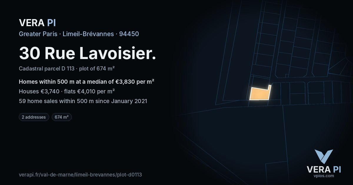 30 Rue Lavoisier, Limeil-Brévannes at night – the plot lit, the parcels around coloured by the prices near them