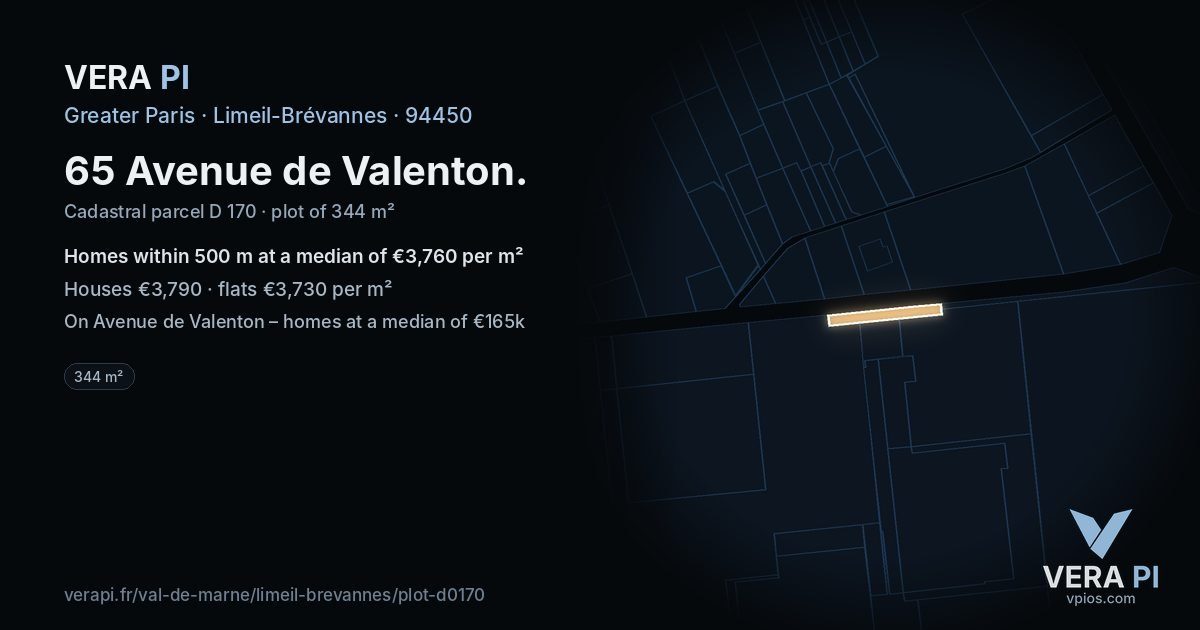 65 Avenue de Valenton, Limeil-Brévannes at night – the plot lit, the parcels around coloured by the prices near them