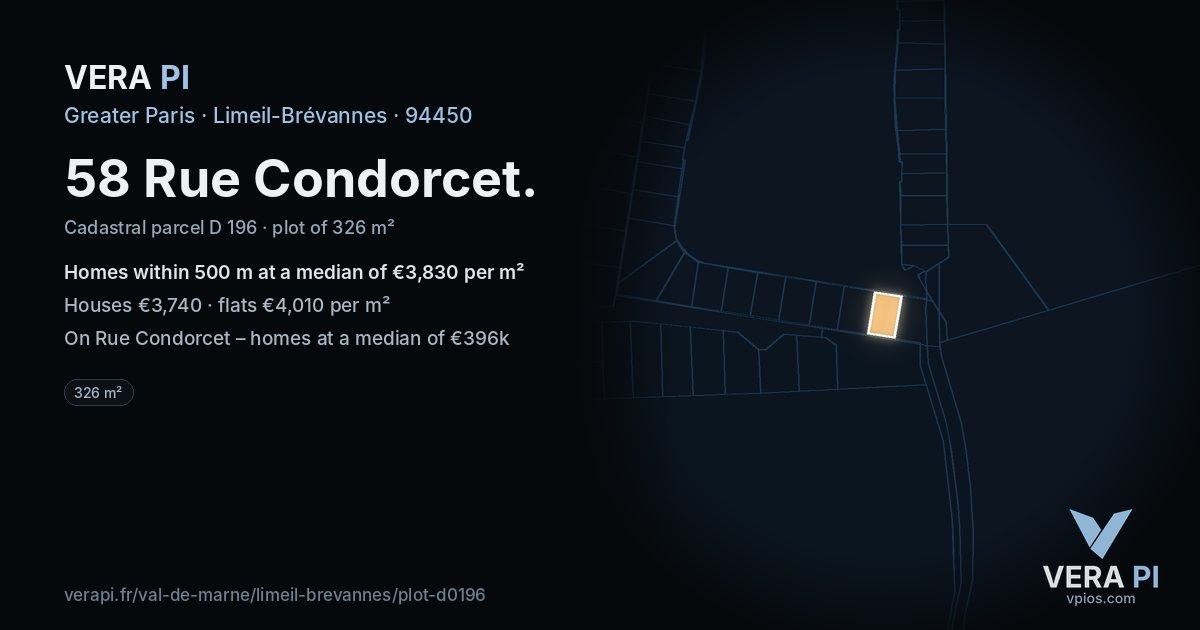 58 Rue Condorcet, Limeil-Brévannes at night – the plot lit, the parcels around coloured by the prices near them