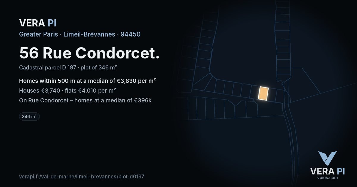 56 Rue Condorcet, Limeil-Brévannes at night – the plot lit, the parcels around coloured by the prices near them