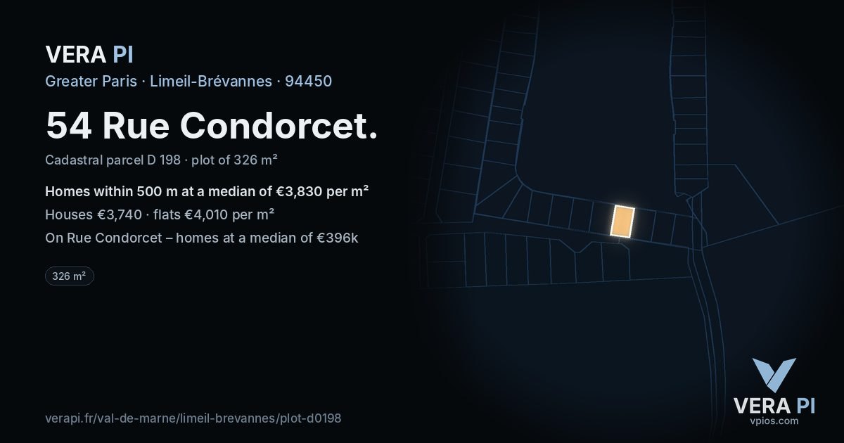 54 Rue Condorcet, Limeil-Brévannes at night – the plot lit, the parcels around coloured by the prices near them