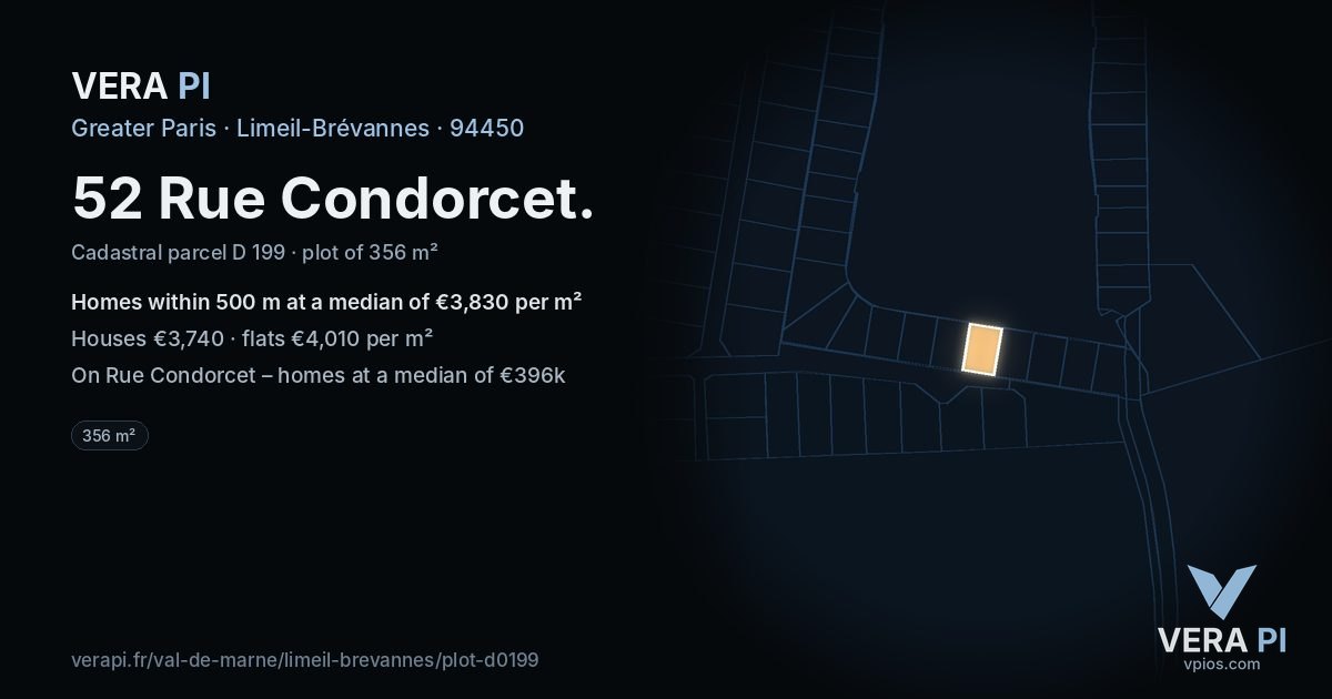 52 Rue Condorcet, Limeil-Brévannes at night – the plot lit, the parcels around coloured by the prices near them