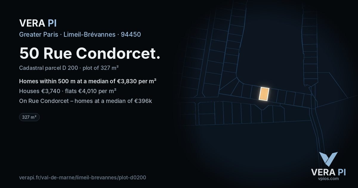 50 Rue Condorcet, Limeil-Brévannes at night – the plot lit, the parcels around coloured by the prices near them