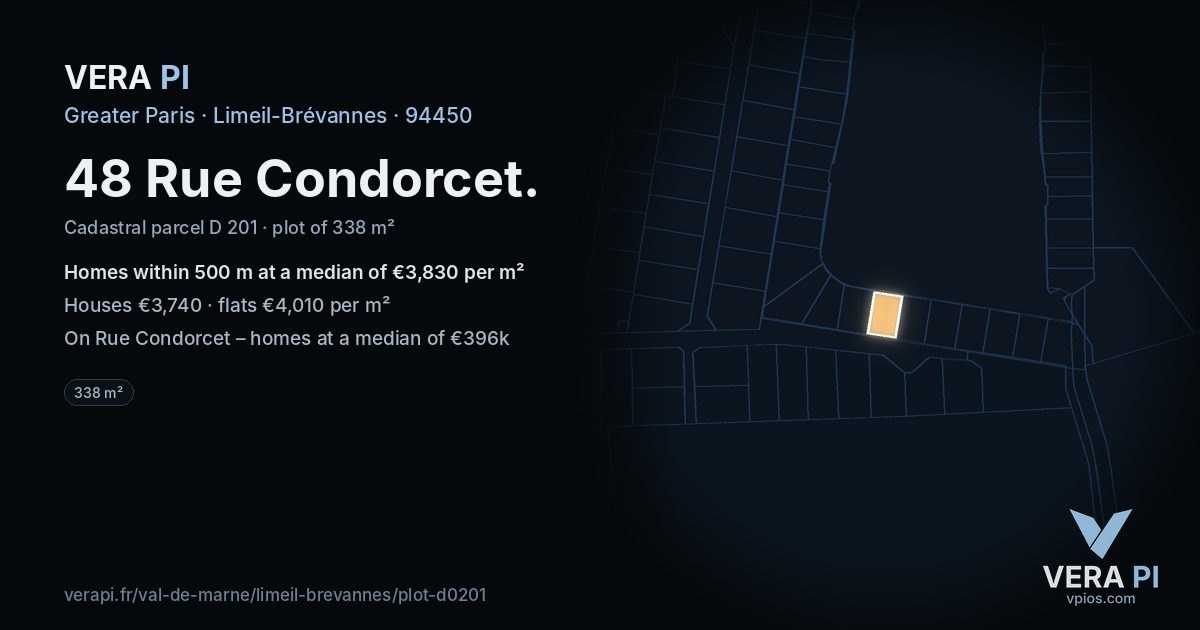 48 Rue Condorcet, Limeil-Brévannes at night – the plot lit, the parcels around coloured by the prices near them