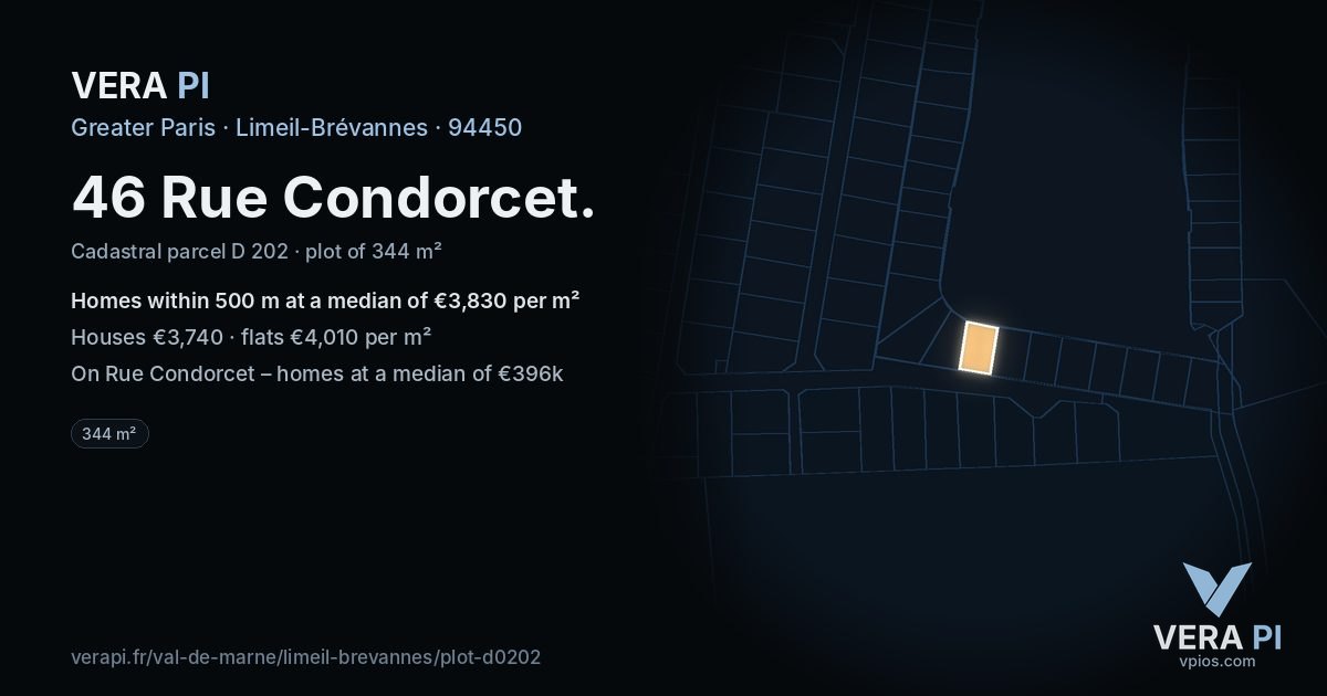 46 Rue Condorcet, Limeil-Brévannes at night – the plot lit, the parcels around coloured by the prices near them