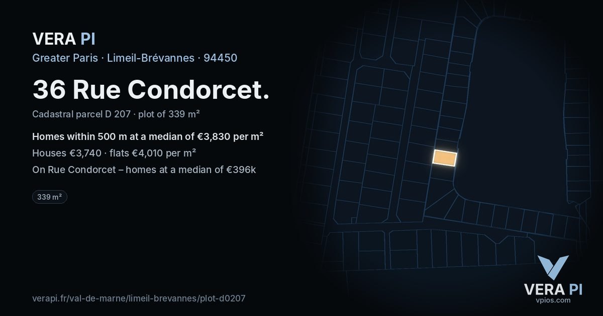 36 Rue Condorcet, Limeil-Brévannes at night – the plot lit, the parcels around coloured by the prices near them