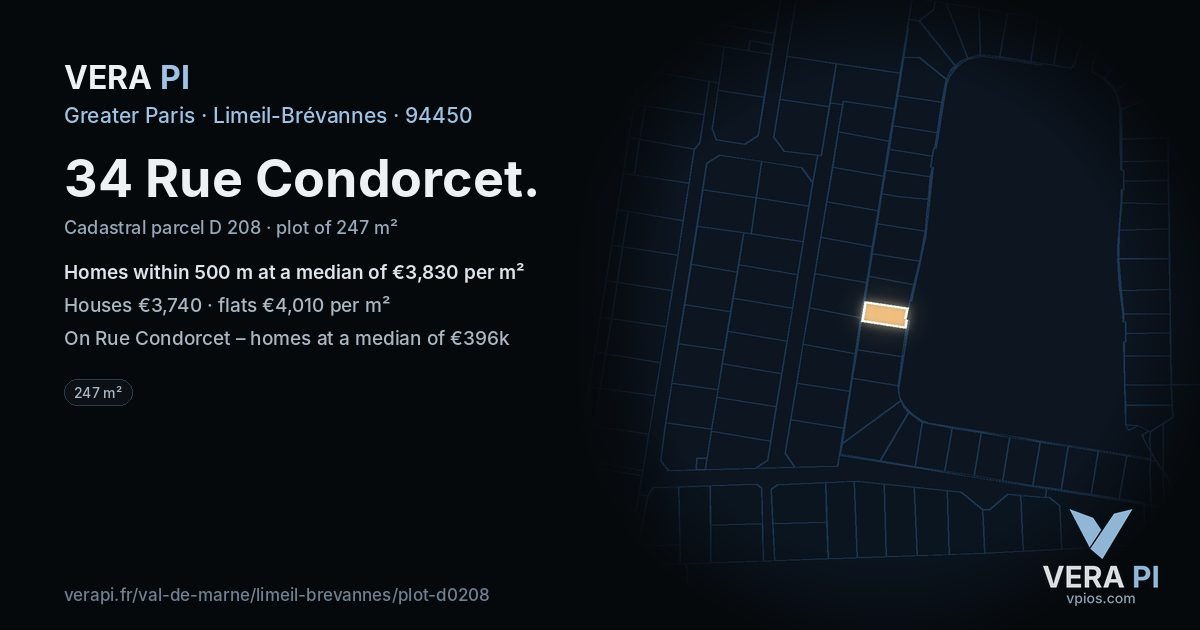 34 Rue Condorcet, Limeil-Brévannes at night – the plot lit, the parcels around coloured by the prices near them