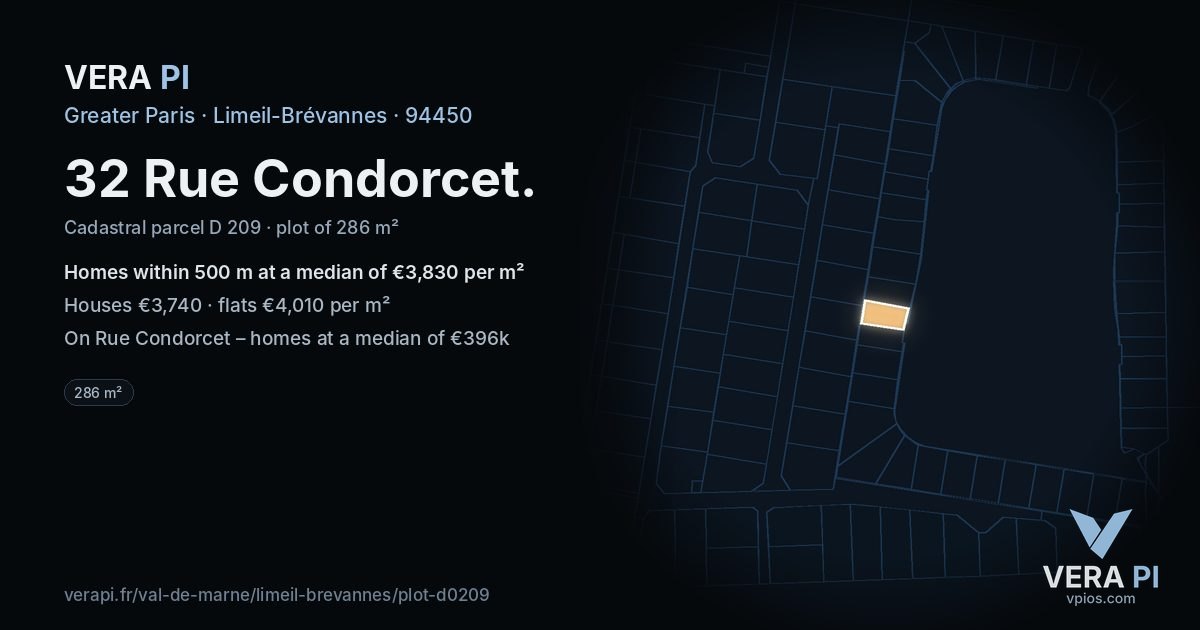 32 Rue Condorcet, Limeil-Brévannes at night – the plot lit, the parcels around coloured by the prices near them