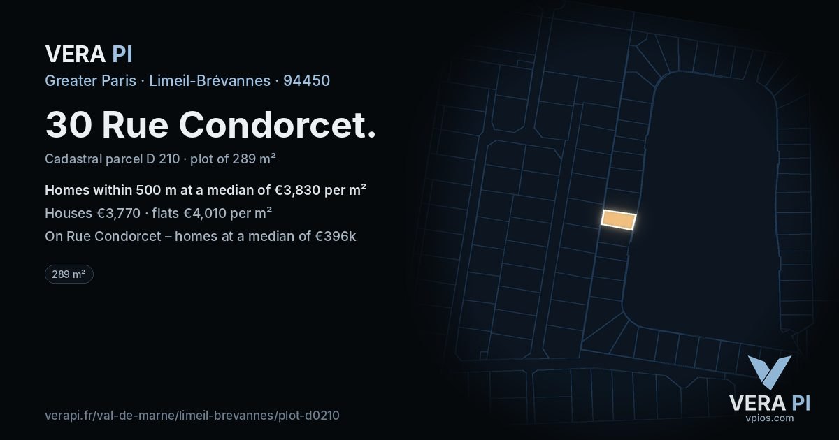 30 Rue Condorcet, Limeil-Brévannes at night – the plot lit, the parcels around coloured by the prices near them