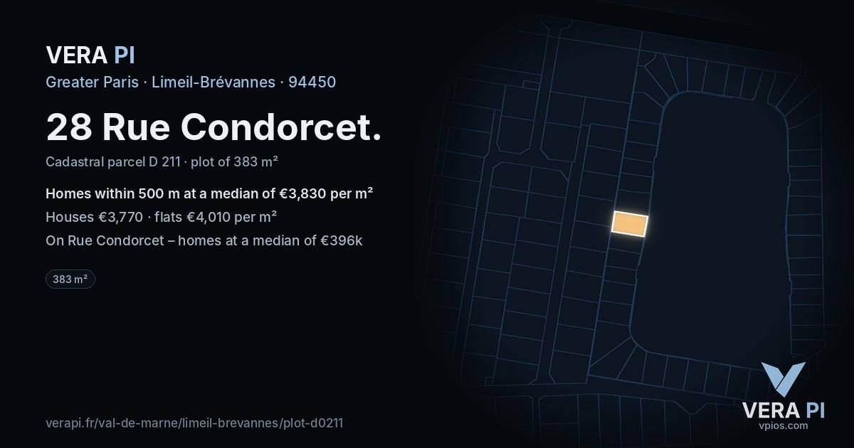 28 Rue Condorcet, Limeil-Brévannes at night – the plot lit, the parcels around coloured by the prices near them