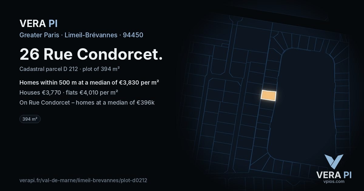 26 Rue Condorcet, Limeil-Brévannes at night – the plot lit, the parcels around coloured by the prices near them