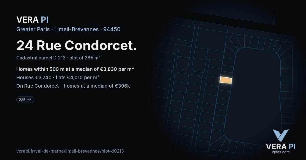 24 Rue Condorcet, Limeil-Brévannes at night – the plot lit, the parcels around coloured by the prices near them