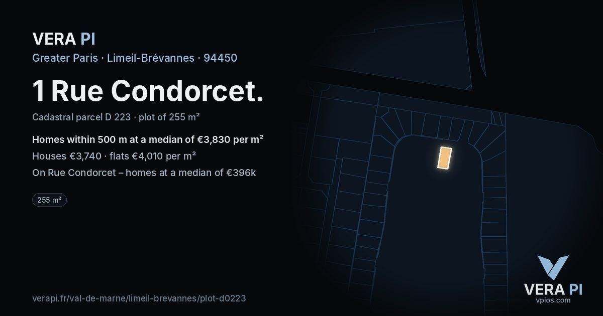 1 Rue Condorcet, Limeil-Brévannes at night – the plot lit, the parcels around coloured by the prices near them