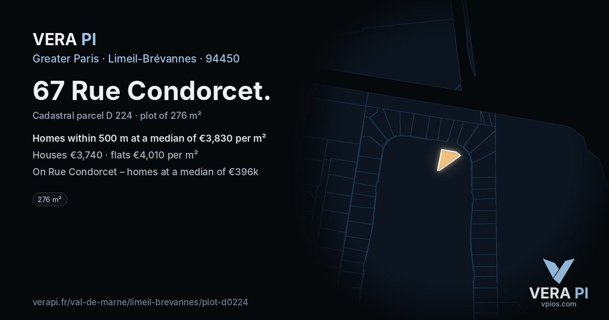 67 Rue Condorcet, Limeil-Brévannes at night – the plot lit, the parcels around coloured by the prices near them