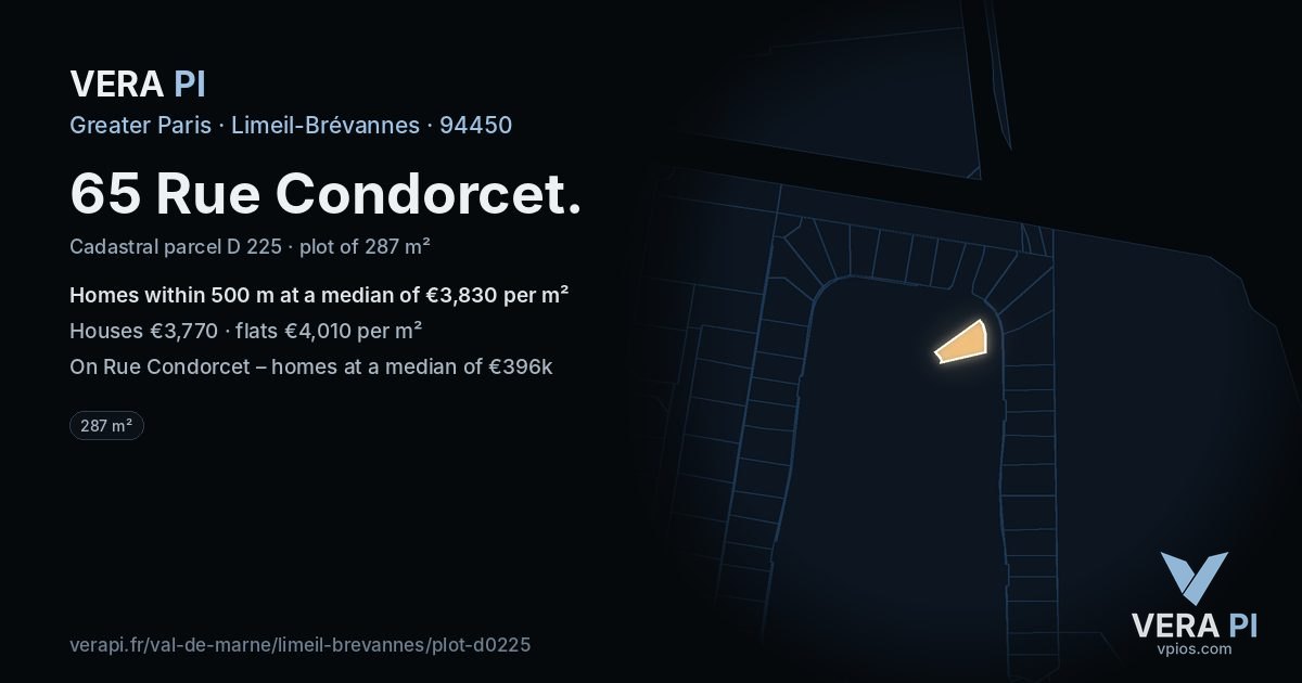 65 Rue Condorcet, Limeil-Brévannes at night – the plot lit, the parcels around coloured by the prices near them