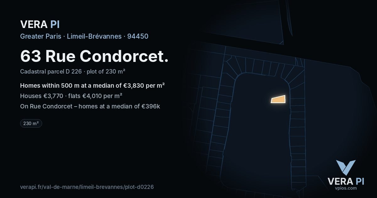 63 Rue Condorcet, Limeil-Brévannes at night – the plot lit, the parcels around coloured by the prices near them