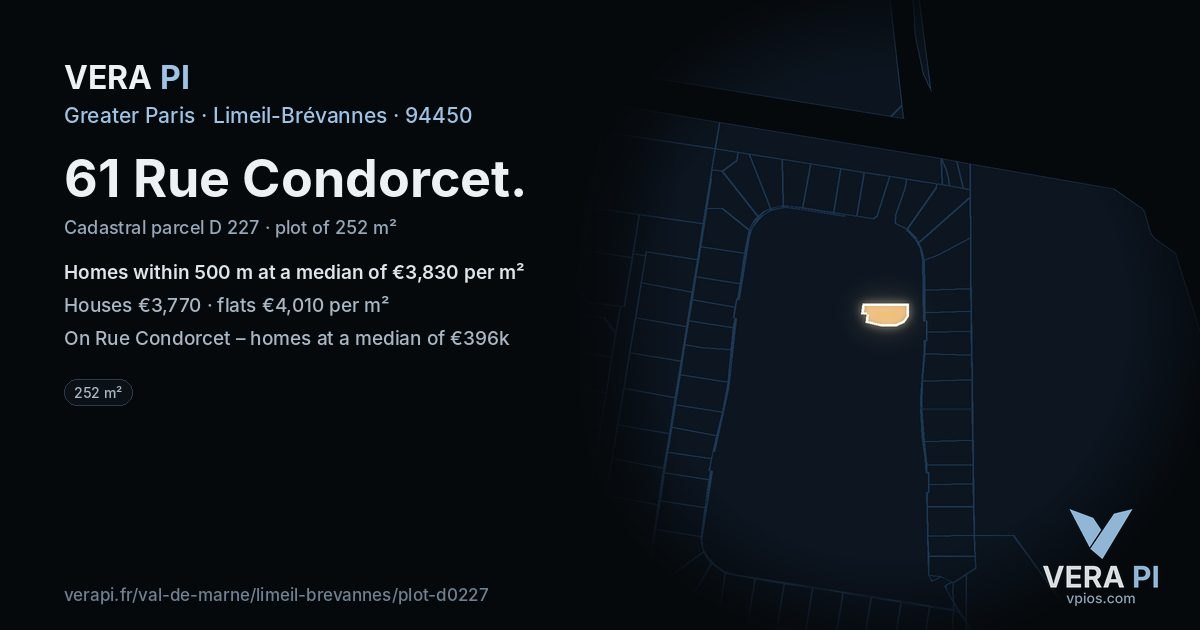 61 Rue Condorcet, Limeil-Brévannes at night – the plot lit, the parcels around coloured by the prices near them