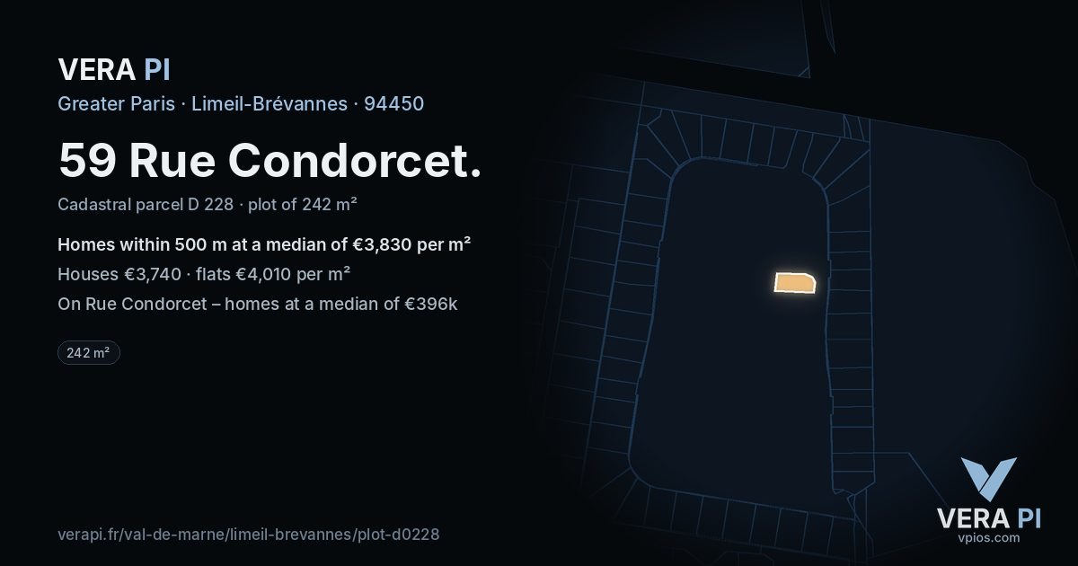 59 Rue Condorcet, Limeil-Brévannes at night – the plot lit, the parcels around coloured by the prices near them