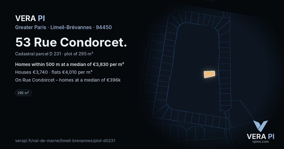 53 Rue Condorcet, Limeil-Brévannes at night – the plot lit, the parcels around coloured by the prices near them