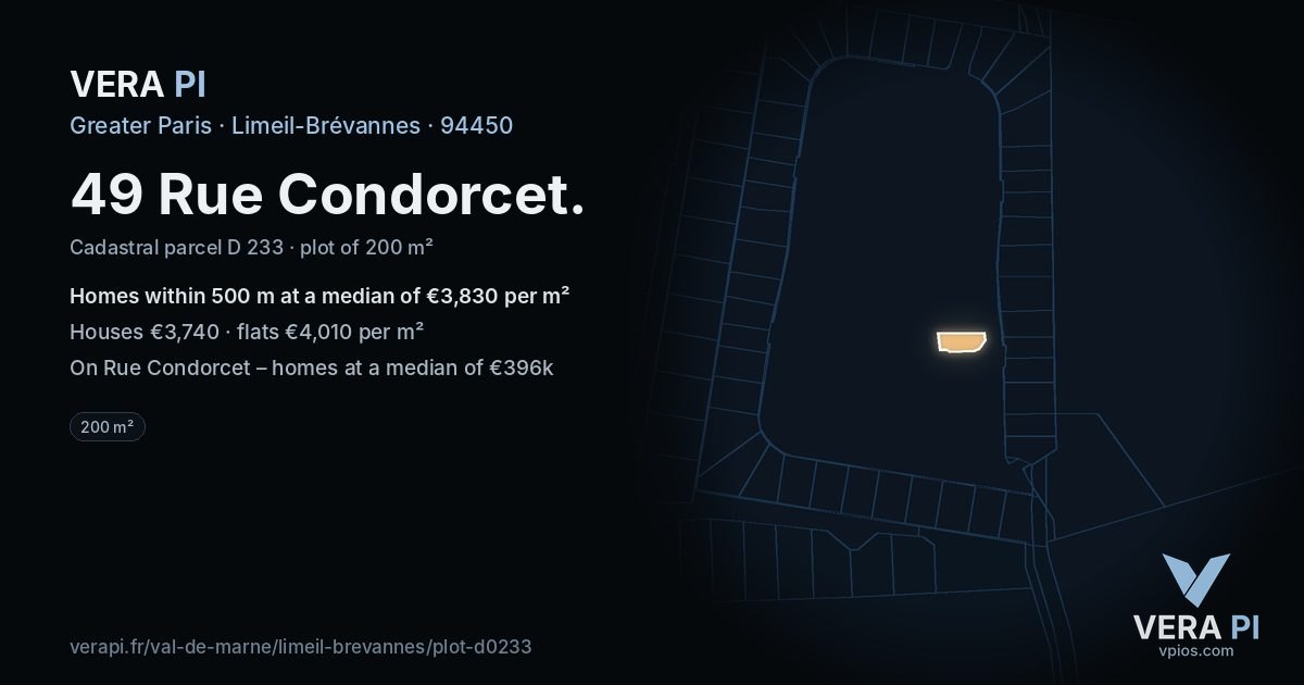 49 Rue Condorcet, Limeil-Brévannes at night – the plot lit, the parcels around coloured by the prices near them