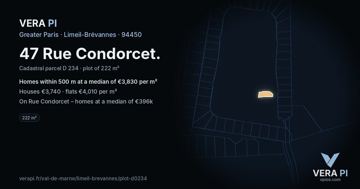 47 Rue Condorcet, Limeil-Brévannes at night – the plot lit, the parcels around coloured by the prices near them