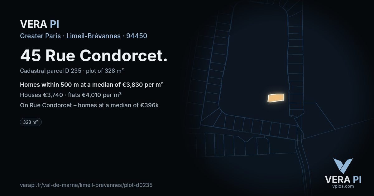 45 Rue Condorcet, Limeil-Brévannes at night – the plot lit, the parcels around coloured by the prices near them