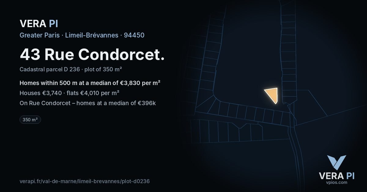 43 Rue Condorcet, Limeil-Brévannes at night – the plot lit, the parcels around coloured by the prices near them