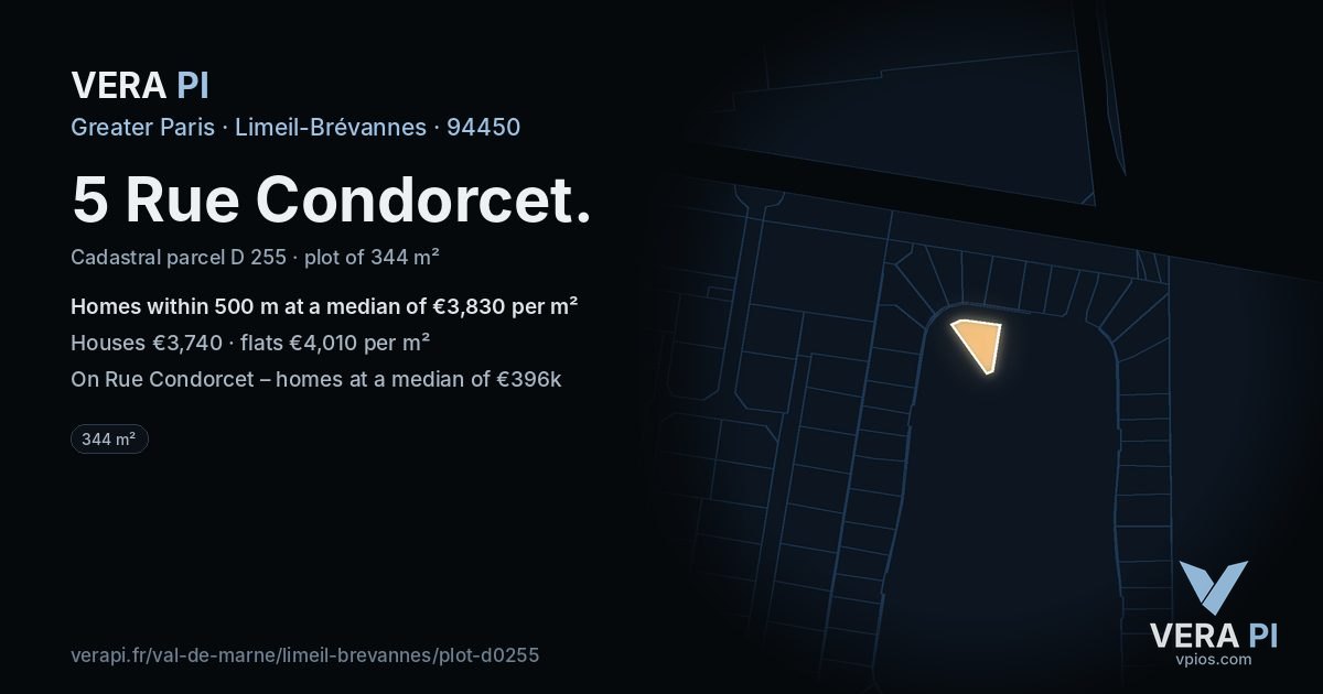 5 Rue Condorcet, Limeil-Brévannes at night – the plot lit, the parcels around coloured by the prices near them