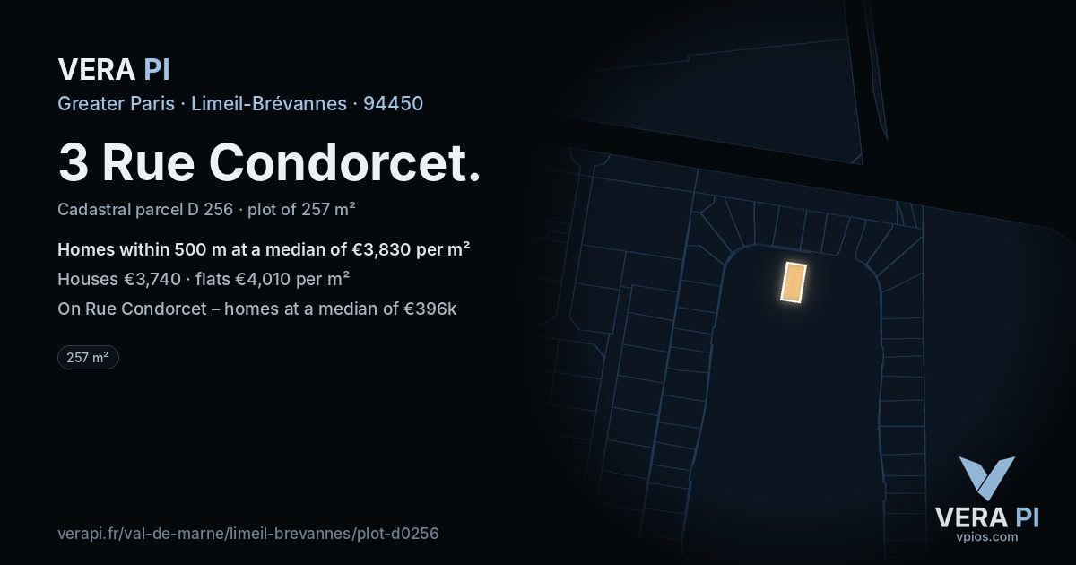 3 Rue Condorcet, Limeil-Brévannes at night – the plot lit, the parcels around coloured by the prices near them