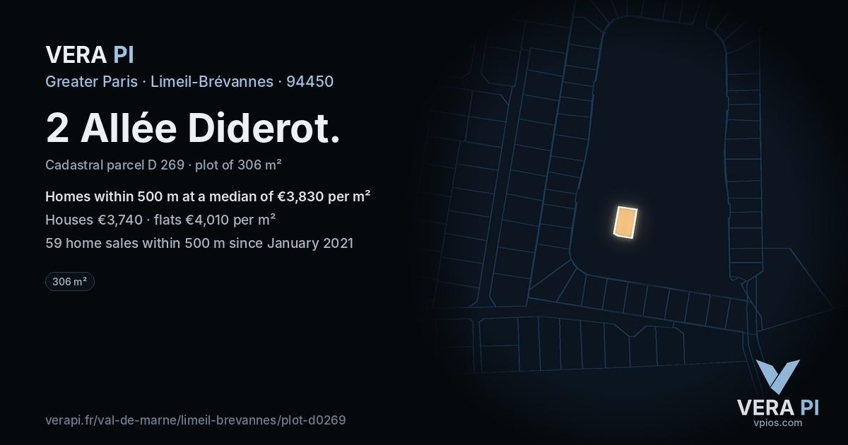 2 Allée Diderot, Limeil-Brévannes at night – the plot lit, the parcels around coloured by the prices near them