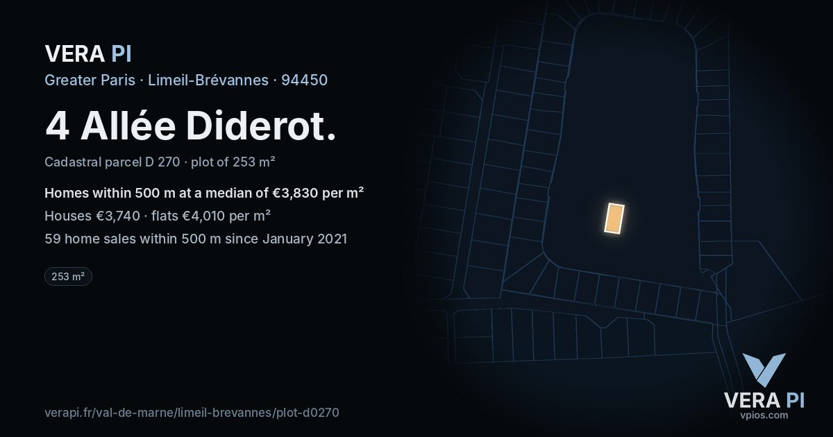 4 Allée Diderot, Limeil-Brévannes at night – the plot lit, the parcels around coloured by the prices near them