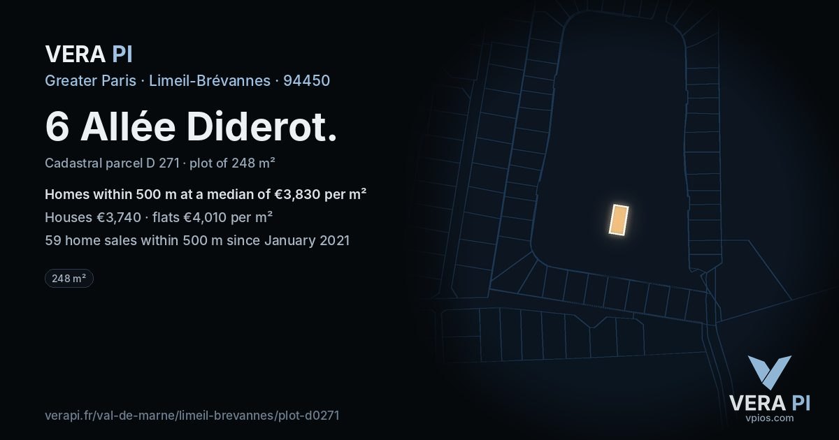 6 Allée Diderot, Limeil-Brévannes at night – the plot lit, the parcels around coloured by the prices near them