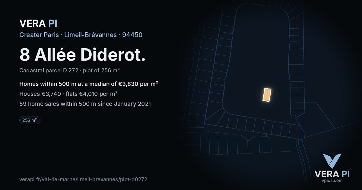 8 Allée Diderot, Limeil-Brévannes at night – the plot lit, the parcels around coloured by the prices near them