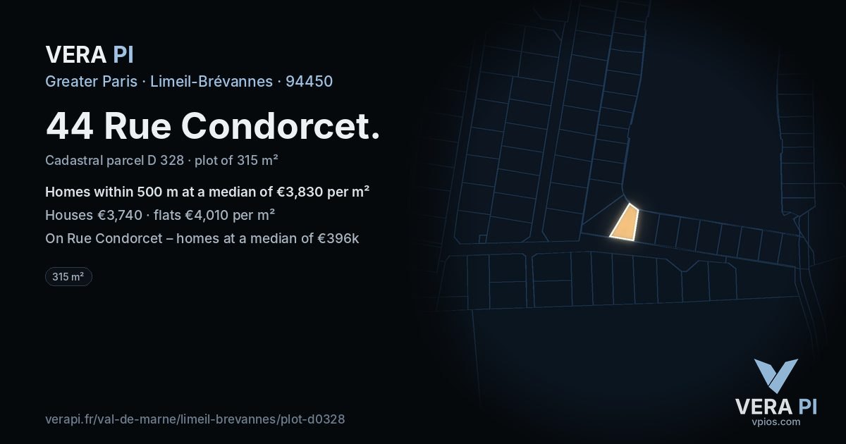 44 Rue Condorcet, Limeil-Brévannes at night – the plot lit, the parcels around coloured by the prices near them