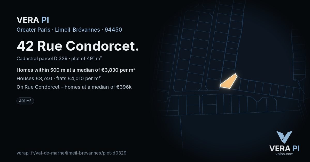 42 Rue Condorcet, Limeil-Brévannes at night – the plot lit, the parcels around coloured by the prices near them