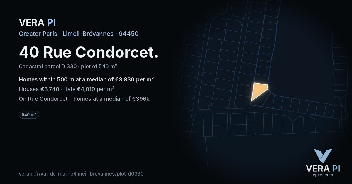40 Rue Condorcet, Limeil-Brévannes at night – the plot lit, the parcels around coloured by the prices near them