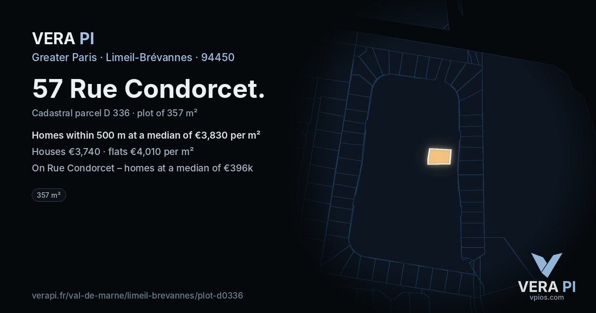 57 Rue Condorcet, Limeil-Brévannes at night – the plot lit, the parcels around coloured by the prices near them