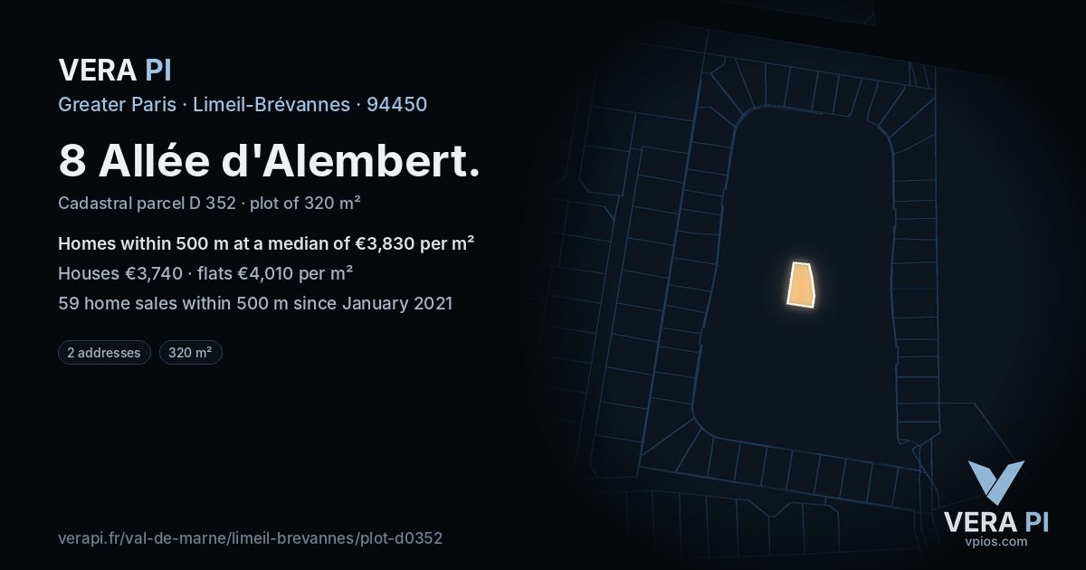 8 Allée d'Alembert, Limeil-Brévannes at night – the plot lit, the parcels around coloured by the prices near them