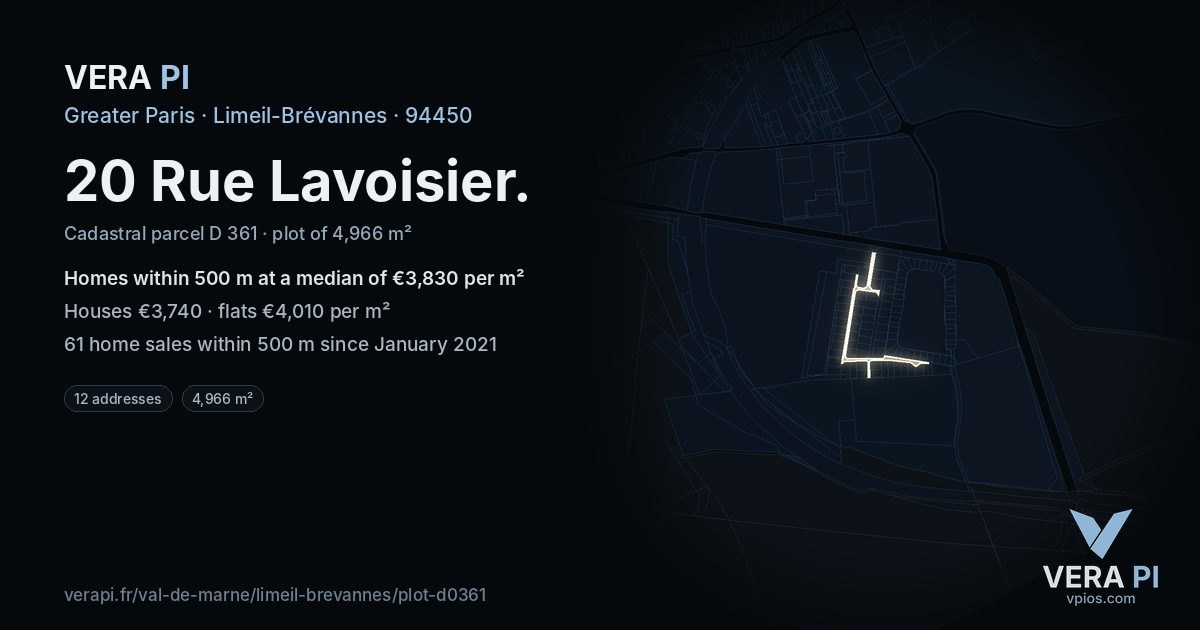 20 Rue Lavoisier, Limeil-Brévannes at night – the plot lit, the parcels around coloured by the prices near them