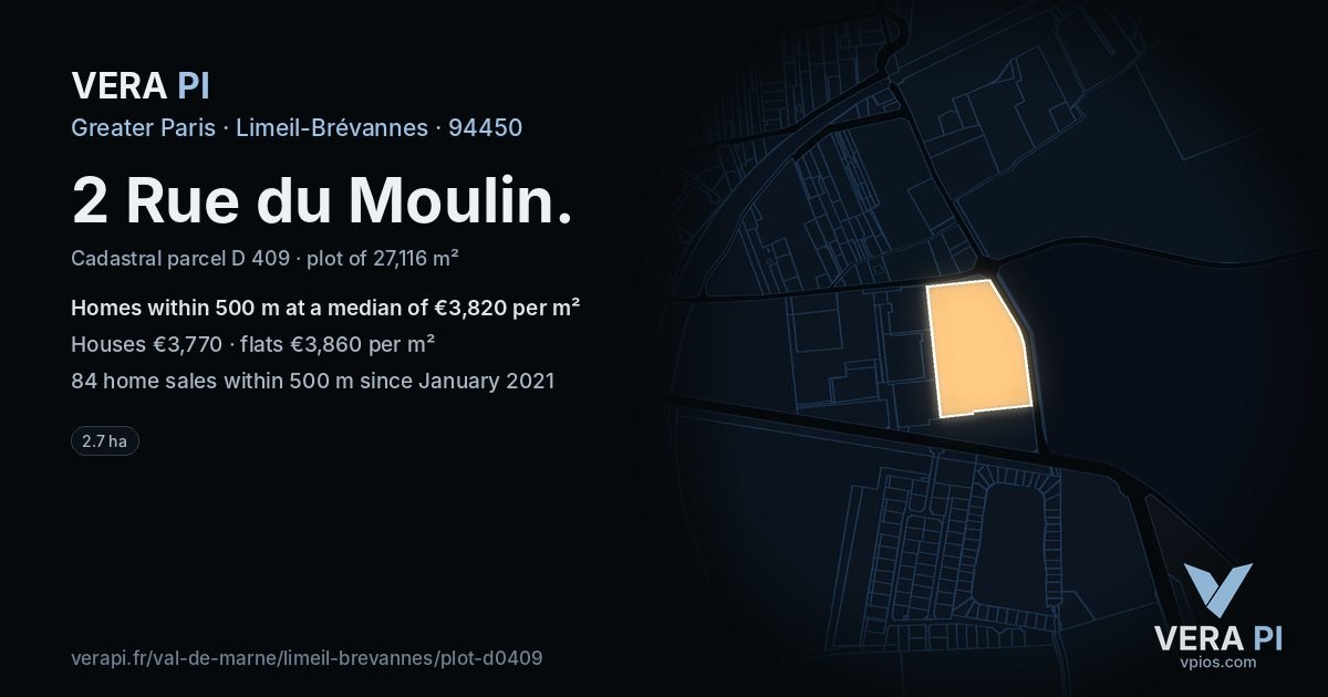 2 Rue du Moulin, Limeil-Brévannes at night – the plot lit, the parcels around coloured by the prices near them