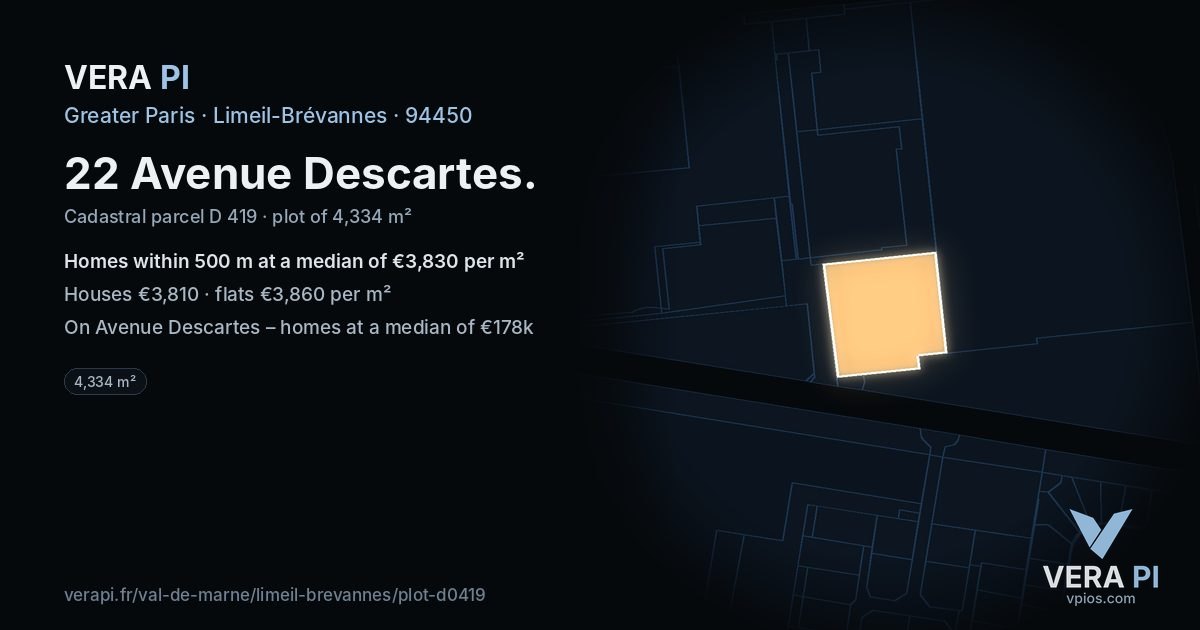 22 Avenue Descartes, Limeil-Brévannes at night – the plot lit, the parcels around coloured by the prices near them