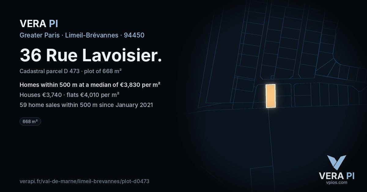 36 Rue Lavoisier, Limeil-Brévannes at night – the plot lit, the parcels around coloured by the prices near them