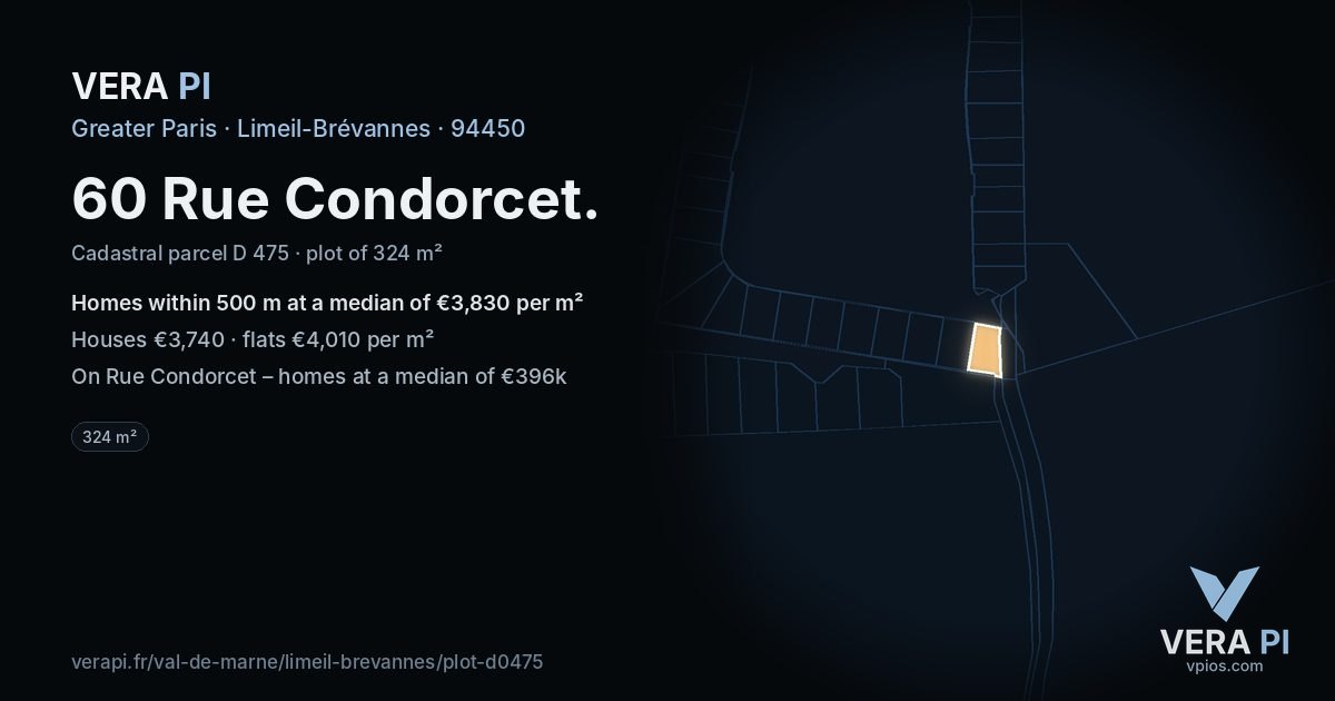 60 Rue Condorcet, Limeil-Brévannes at night – the plot lit, the parcels around coloured by the prices near them
