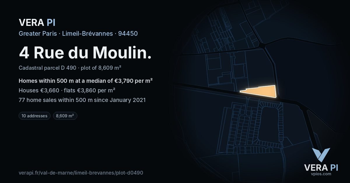 4 Rue du Moulin, Limeil-Brévannes at night – the plot lit, the parcels around coloured by the prices near them